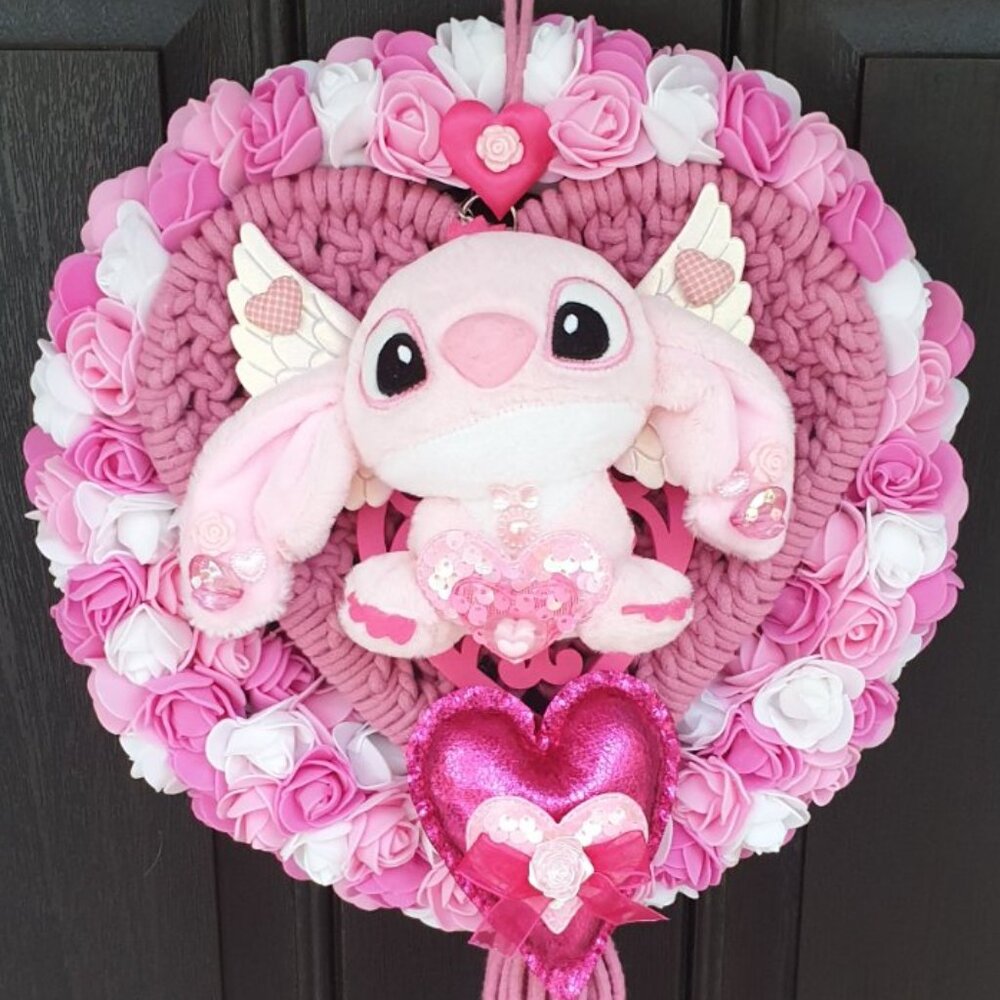 Lilo Pink Heart Roses Wreath Wall Hanger Valentine Day Door Wall Home Decor